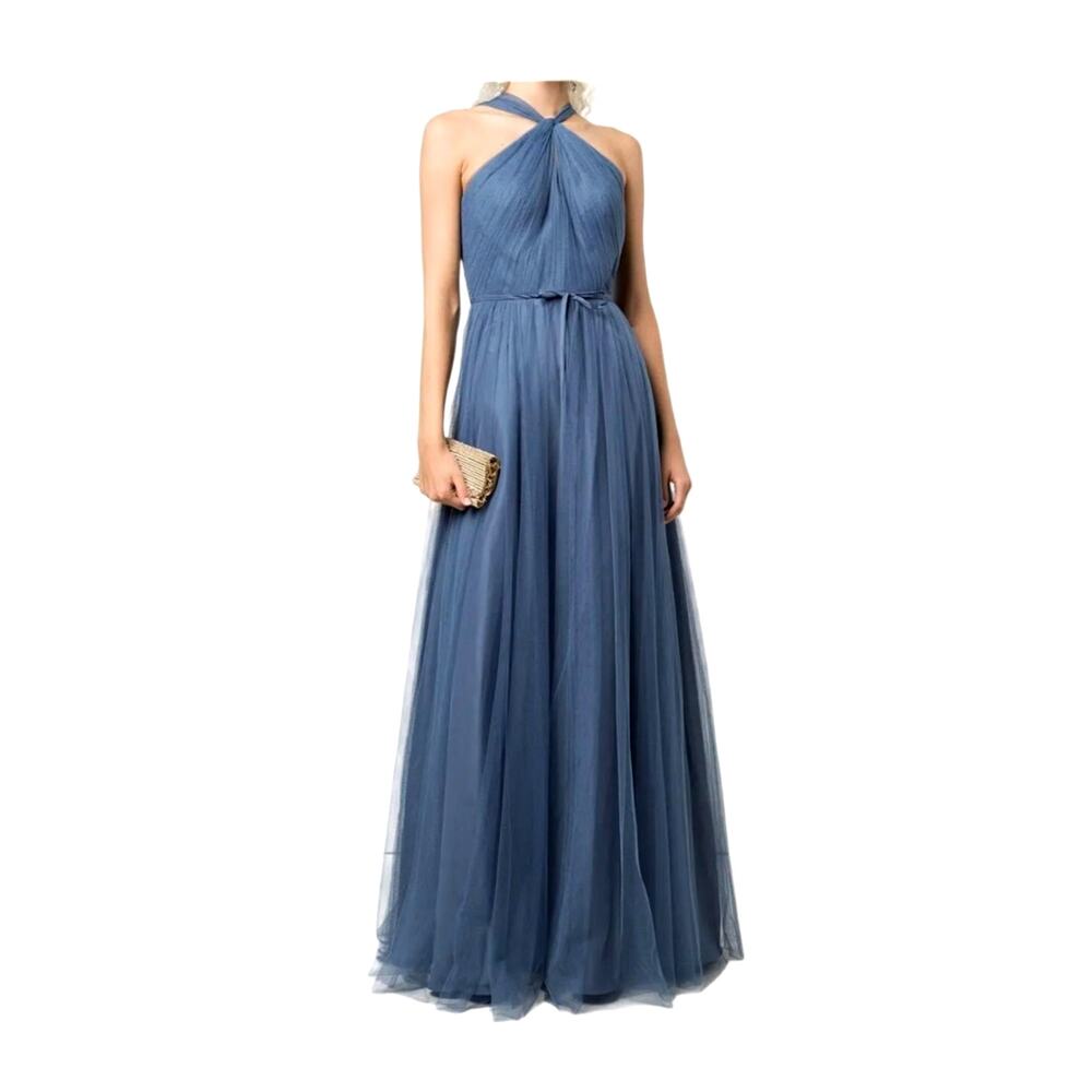 Marchesa Notte Marine Tulle Halter Maxi Dress Blue Bridesmaid 6 NWT